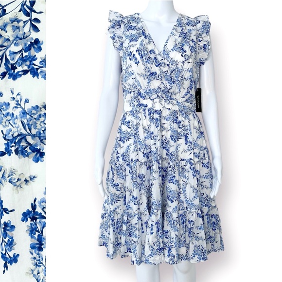 Taylor Tiered Dress 100% Cotton A-Line Side Pockets Fitted Waist V-Neck Lined - Picture 10 of 14